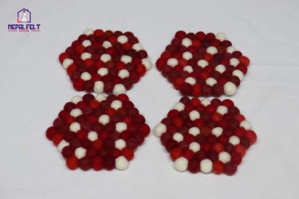 Red Hexagon Felt Ball Trivet Mat