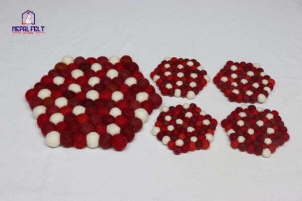 Red Hexagon Felt Ball Trivet Mat