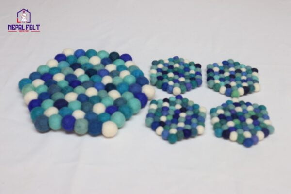 Blue Hexagon Felt Ball Trivet Mat