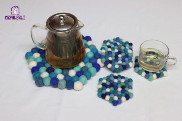 Blue Hexagon Felt Ball Trivet Mat