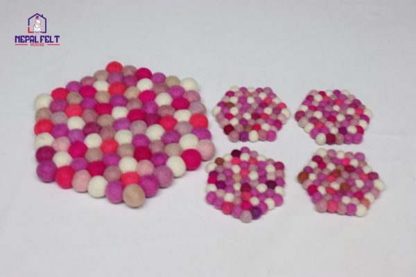 Pink Hexagon Felt Ball Trivet Mat