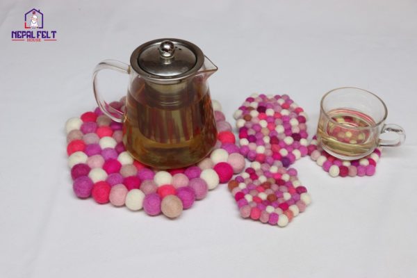 Pink Hexagon Felt Ball Trivet Mat