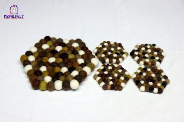 Brown Hexagon Felt Ball Trivet Mat