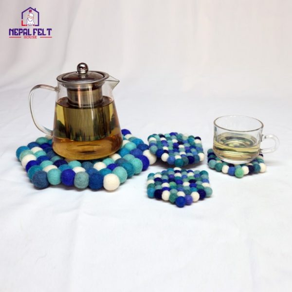 Blue Hexagon Felt Ball Trivet Mat